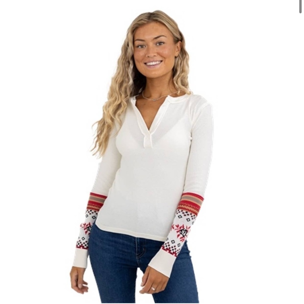 Free people waffle knit thermal base layer crochet sleeves size small